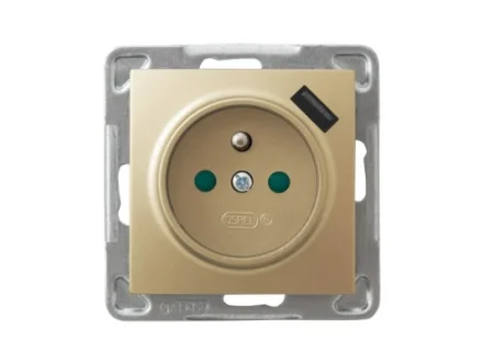 Gniazdo pojedyncze z uziemieniem, przesłonami i ładowarką USB złoty metalik Impresja GP-1YZPUSB/m/28